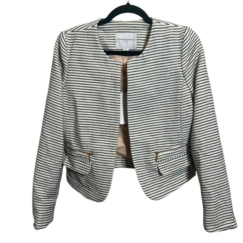 Katherine Barclay S Black & Off White Striped Open Front Jacket